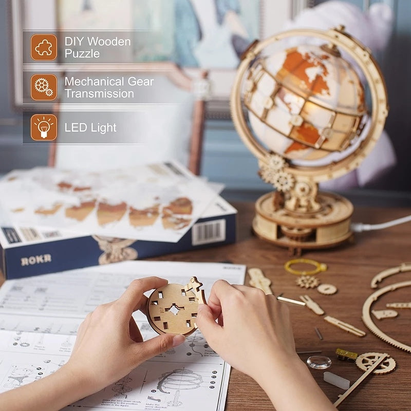 Robotime ROKR 180-Piece 3D Wooden Luminous Globe Puzzle – Night-Light Model