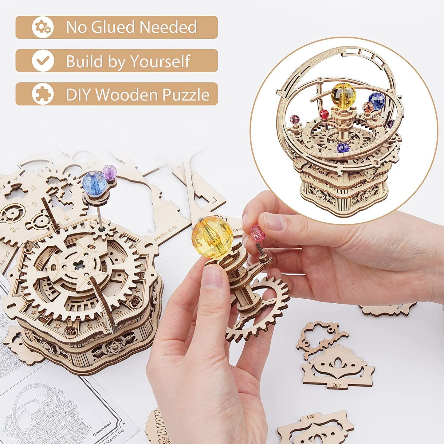 ROKR Starry Night Orrery 84-Piece 3D Wooden Mechanical Music Box