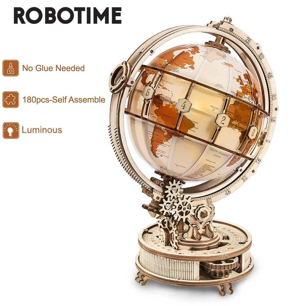 Robotime ROKR 180-Piece 3D Wooden Luminous Globe Puzzle – Night-Light Model