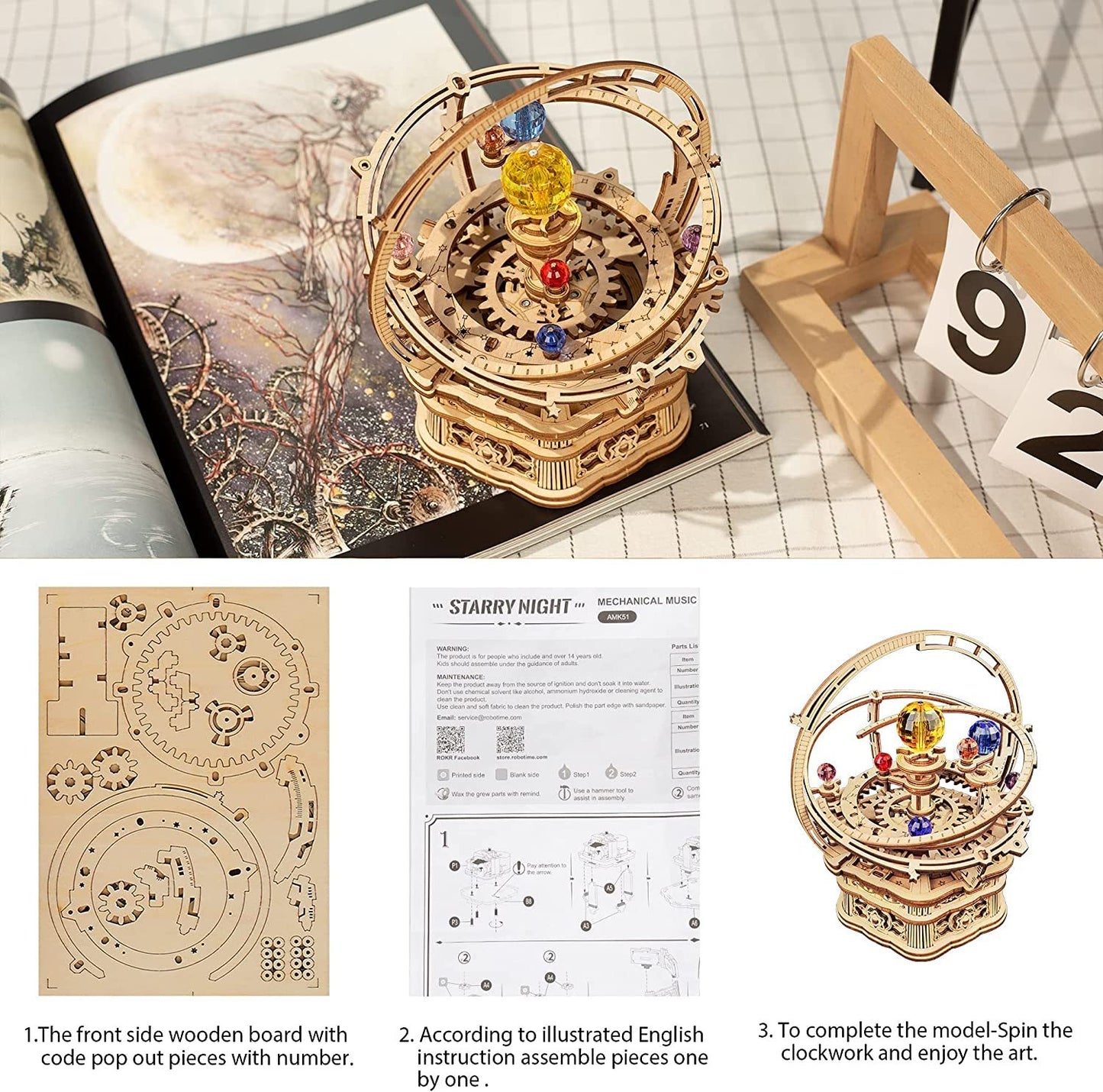ROKR Starry Night Orrery 84-Piece 3D Wooden Mechanical Music Box