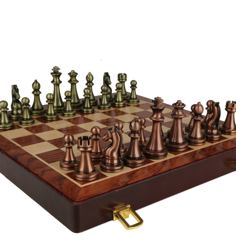 Premium Metal Bronze Folding Chess Set – Portable Gift Box Chess Game for Kids