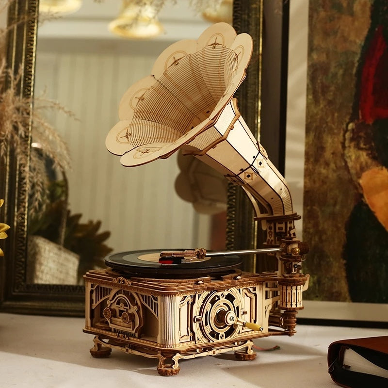 ROKR Hand-Crank Gramophone 3D Wooden Music Box Puzzle – 424-Piece DIY Mechanical Model