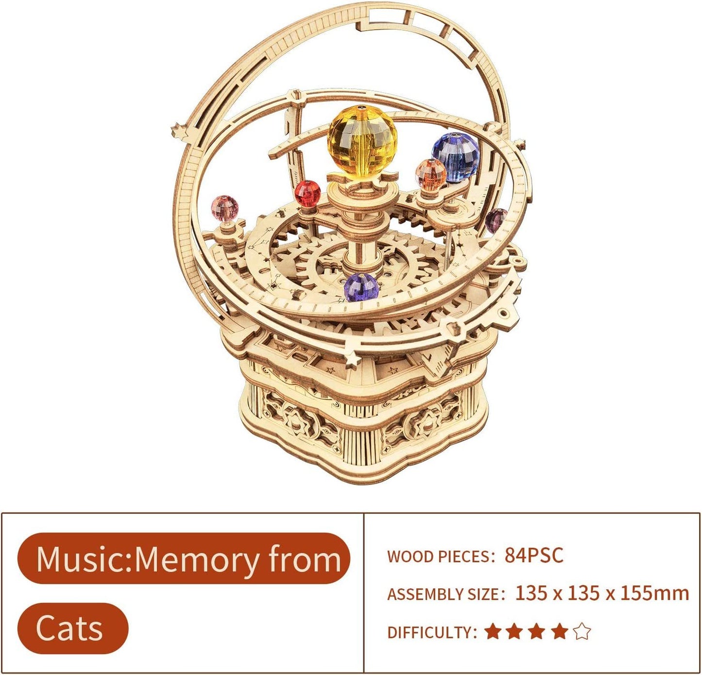 ROKR Starry Night Orrery 84-Piece 3D Wooden Mechanical Music Box
