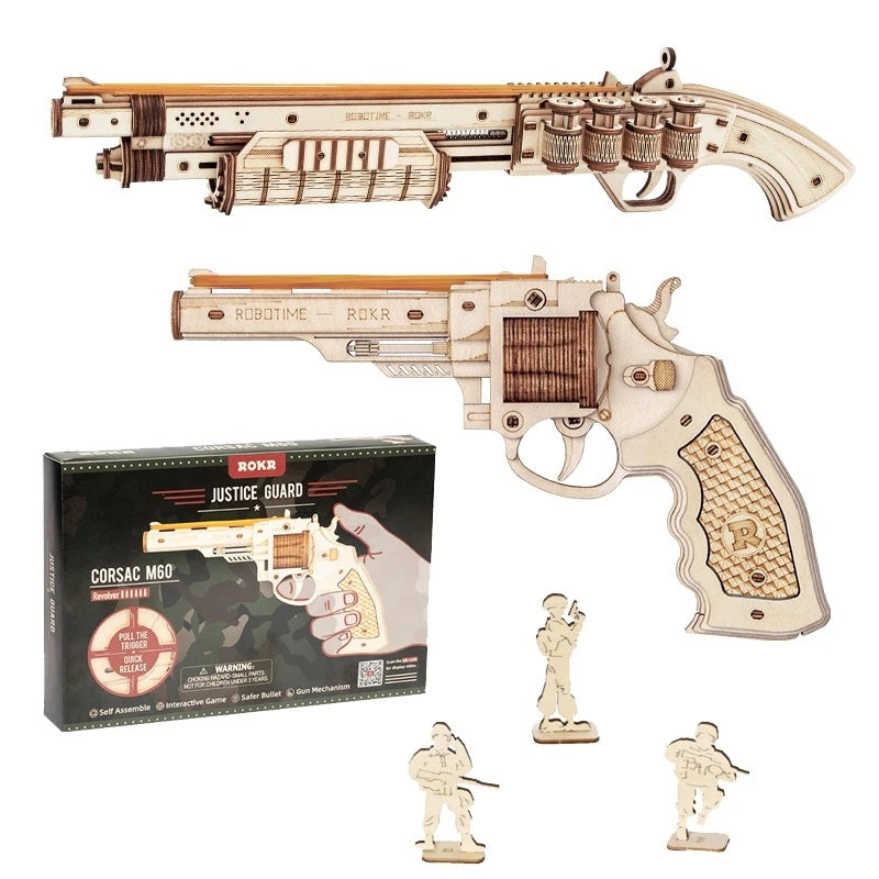 Robotime ROKR 3D Wooden Revolver Model Kit – DIY Rubber Band Gun Puzzle, Mechanical Craft Gift for Kids & Adults
