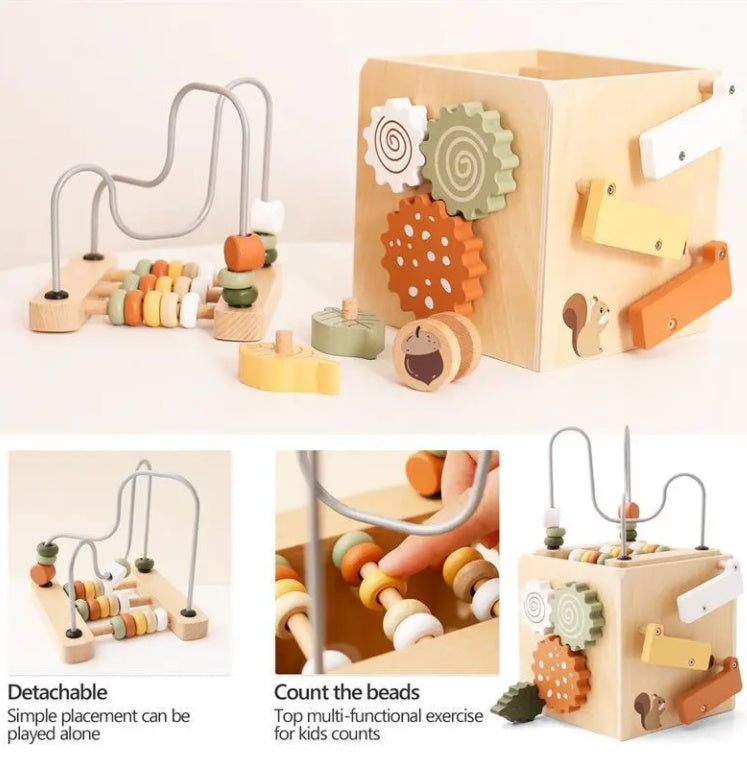 Wooden 5-in-1 Montessori Activity Cube – Bead Maze & Educational Learning Toy