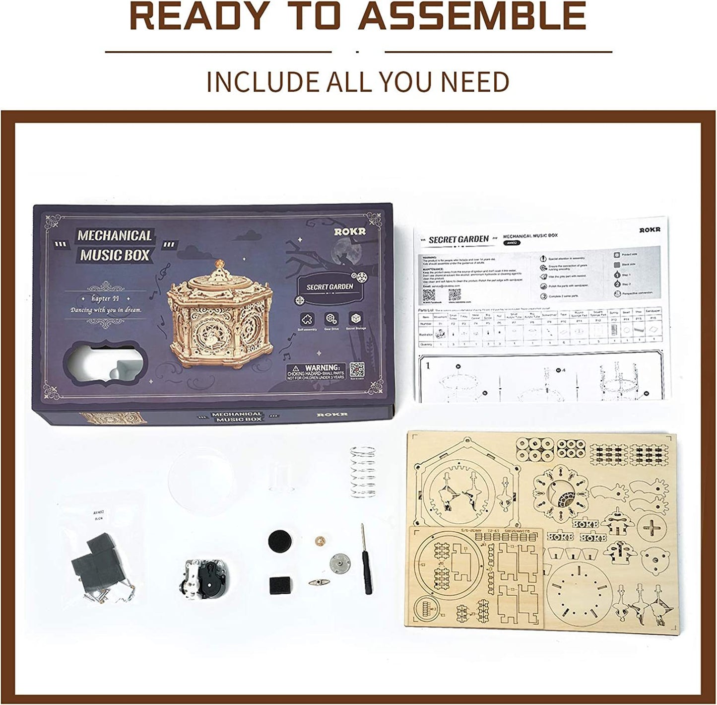 Robotime ROKR AMK52 "Secret Garden" 3D Wooden Puzzle Music Box – DIY Mechanical Ballerina Box with Secret Compartment