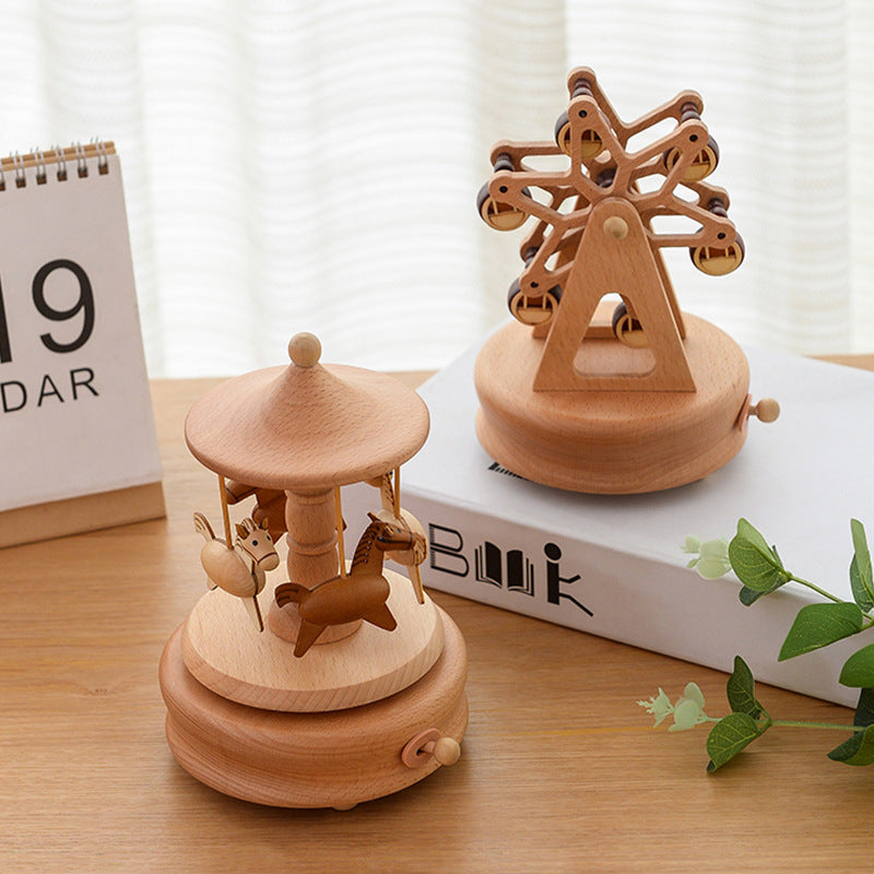 Innovative Rotating Wooden Music Box – Wind-Up Table Decor with Rotating Display Mechanism