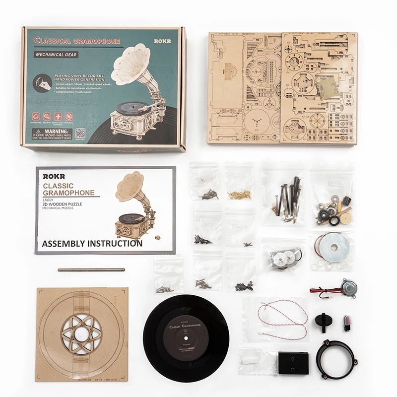 ROKR Hand-Crank Gramophone 3D Wooden Music Box Puzzle – 424-Piece DIY Mechanical Model