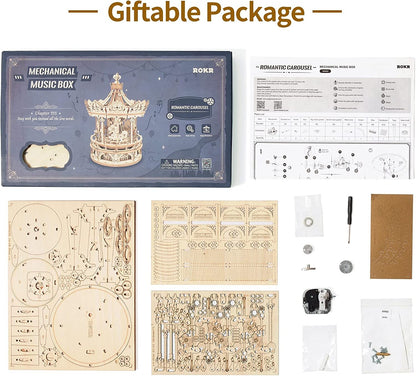 Robotime ROKR AMK62 Romantic Carousel 3D Wooden Music Box – DIY Mechanical Merry-Go-Round Model