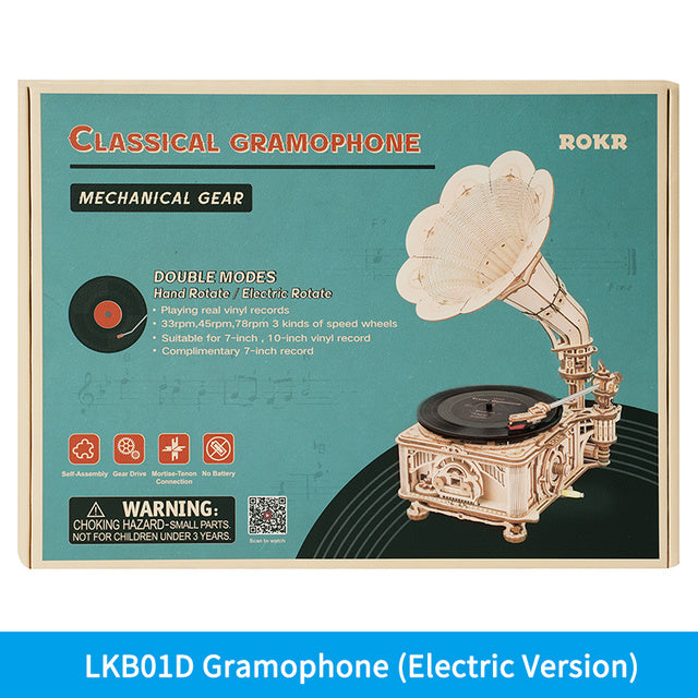 ROKR Hand-Crank Gramophone 3D Wooden Music Box Puzzle – 424-Piece DIY Mechanical Model