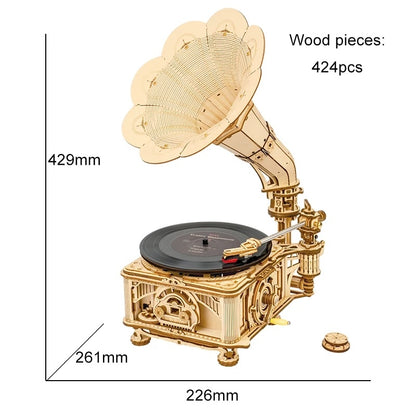 ROKR Hand-Crank Gramophone 3D Wooden Music Box Puzzle – 424-Piece DIY Mechanical Model