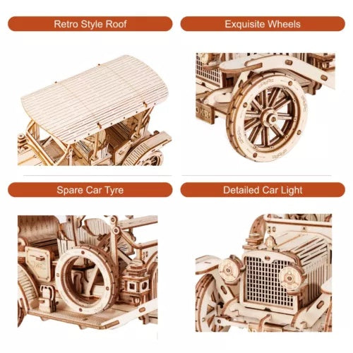 Robotime ROKR MC801 Vintage Car 3D Wooden Puzzle – 1:15 Scale DIY Model Kit, Retro Runabout Car Mechanical Craft Gift