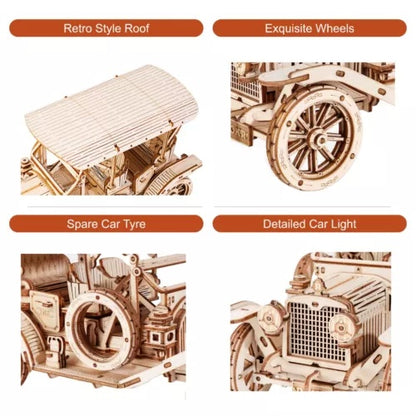 Robotime ROKR MC801 Vintage Car 3D Wooden Puzzle – 1:15 Scale DIY Model Kit, Retro Runabout Car Mechanical Craft Gift