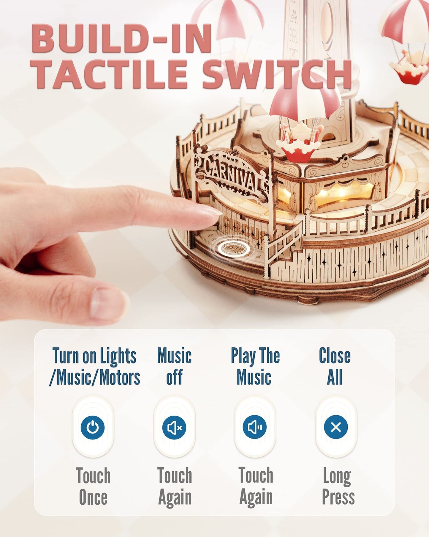 Robotime ROKR Parachute Tower 3D Wooden Music Box – DIY Mechanical Puzzle, LED Lights & Hand-Crank Amusement Ride Model