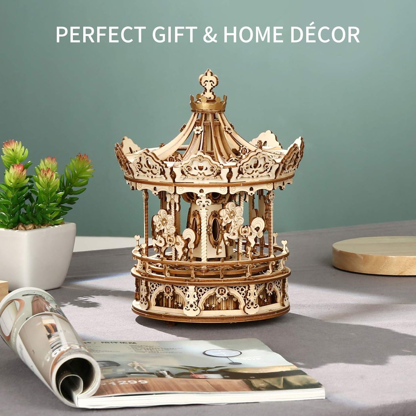 Robotime ROKR AMK62 Romantic Carousel 3D Wooden Music Box – DIY Mechanical Merry-Go-Round Model