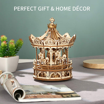 Robotime ROKR AMK62 Romantic Carousel 3D Wooden Music Box – DIY Mechanical Merry-Go-Round Model