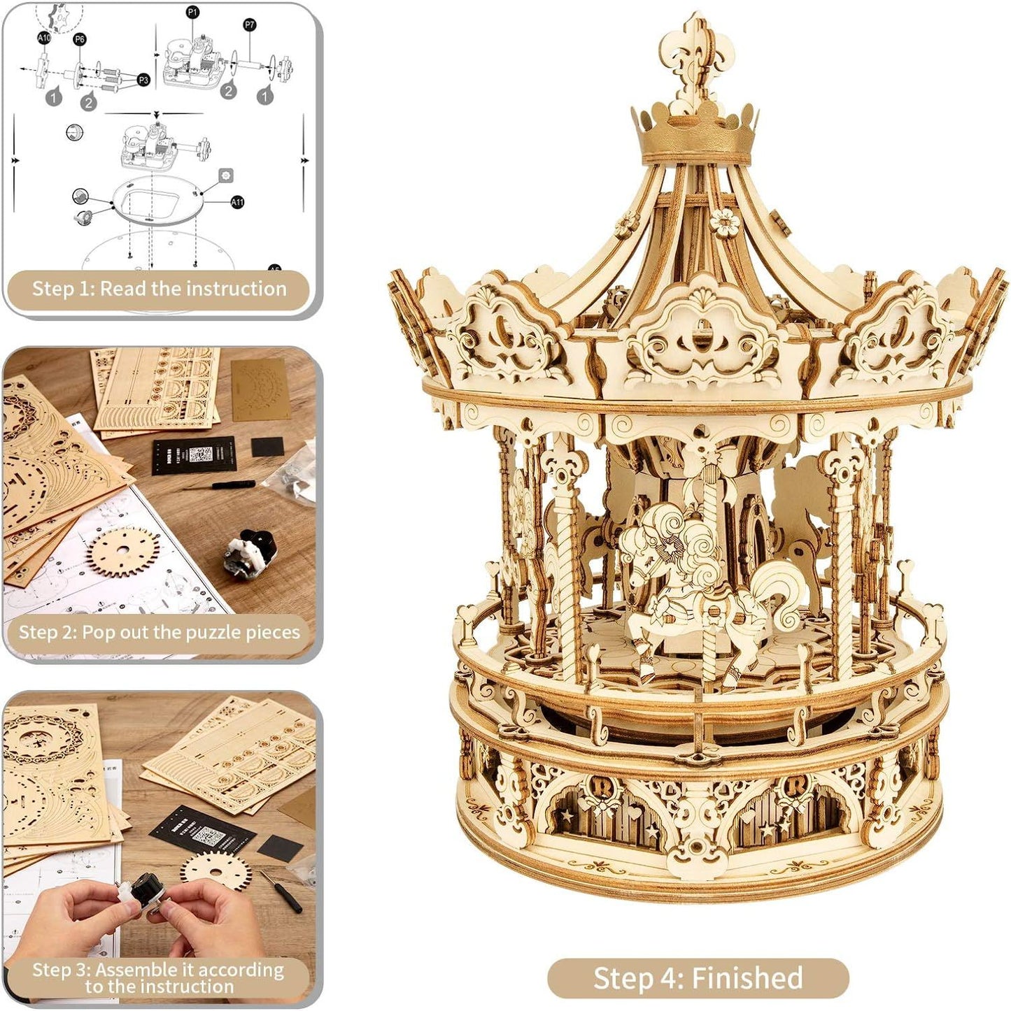 Robotime ROKR AMK62 Romantic Carousel 3D Wooden Music Box – DIY Mechanical Merry-Go-Round Model