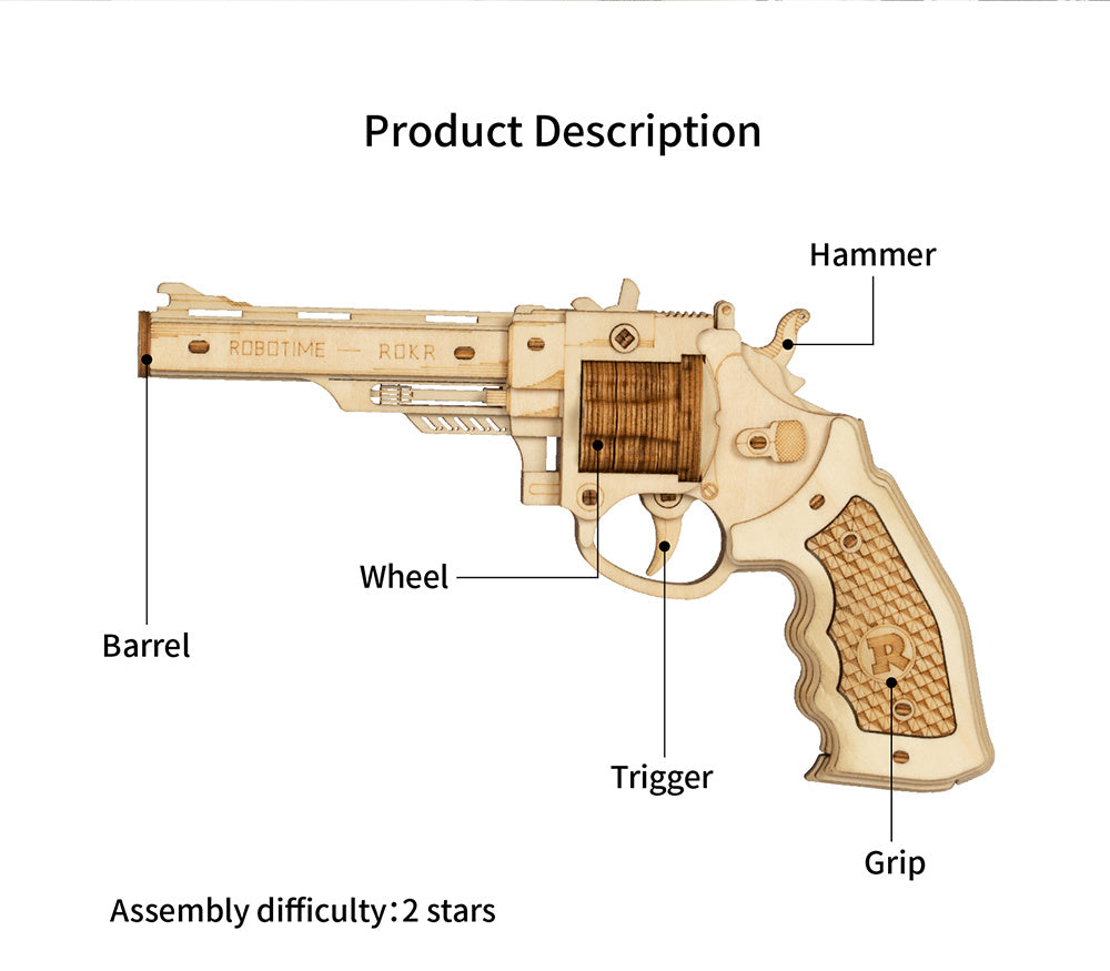 Robotime ROKR 3D Wooden Revolver Model Kit – DIY Rubber Band Gun Puzzle, Mechanical Craft Gift for Kids & Adults