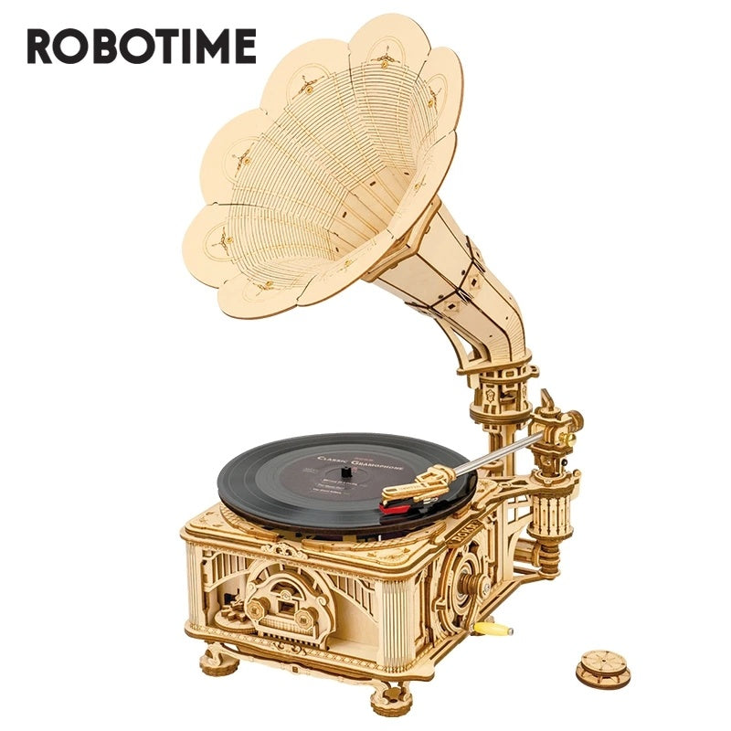 ROKR Hand-Crank Gramophone 3D Wooden Music Box Puzzle – 424-Piece DIY Mechanical Model