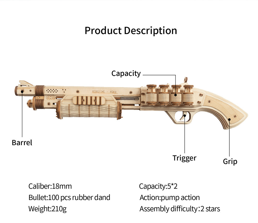 Robotime ROKR 3D Wooden Revolver Model Kit – DIY Rubber Band Gun Puzzle, Mechanical Craft Gift for Kids & Adults
