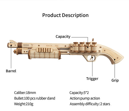 Robotime ROKR 3D Wooden Revolver Model Kit – DIY Rubber Band Gun Puzzle, Mechanical Craft Gift for Kids & Adults