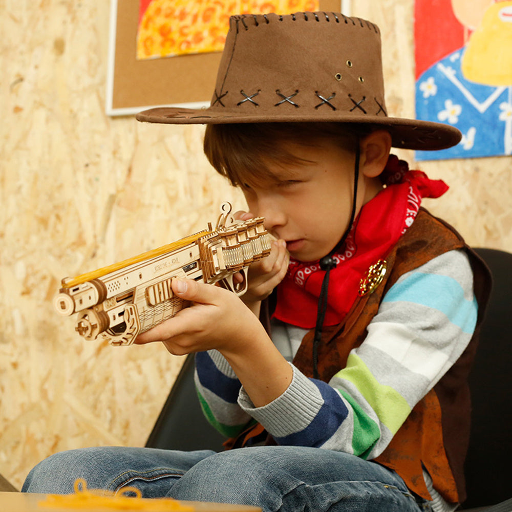 Robotime ROKR 3D Wooden Revolver Model Kit – DIY Rubber Band Gun Puzzle, Mechanical Craft Gift for Kids & Adults