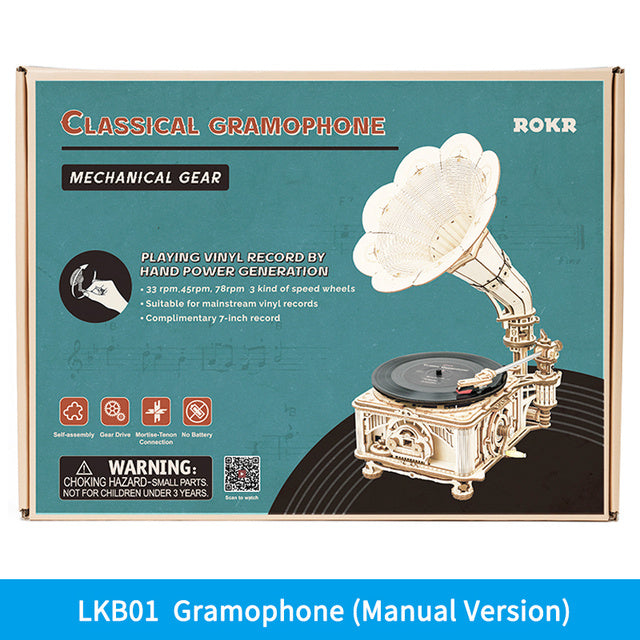 ROKR Hand-Crank Gramophone 3D Wooden Music Box Puzzle – 424-Piece DIY Mechanical Model