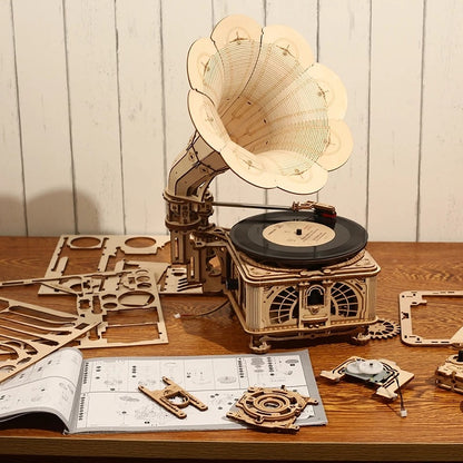 ROKR Hand-Crank Gramophone 3D Wooden Music Box Puzzle – 424-Piece DIY Mechanical Model