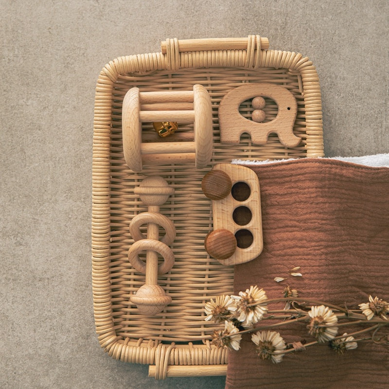 INS Montessori Baby Buggy Wooden Rattle Set – Hand-Carried Stroller Toy for Infant Sensory Play