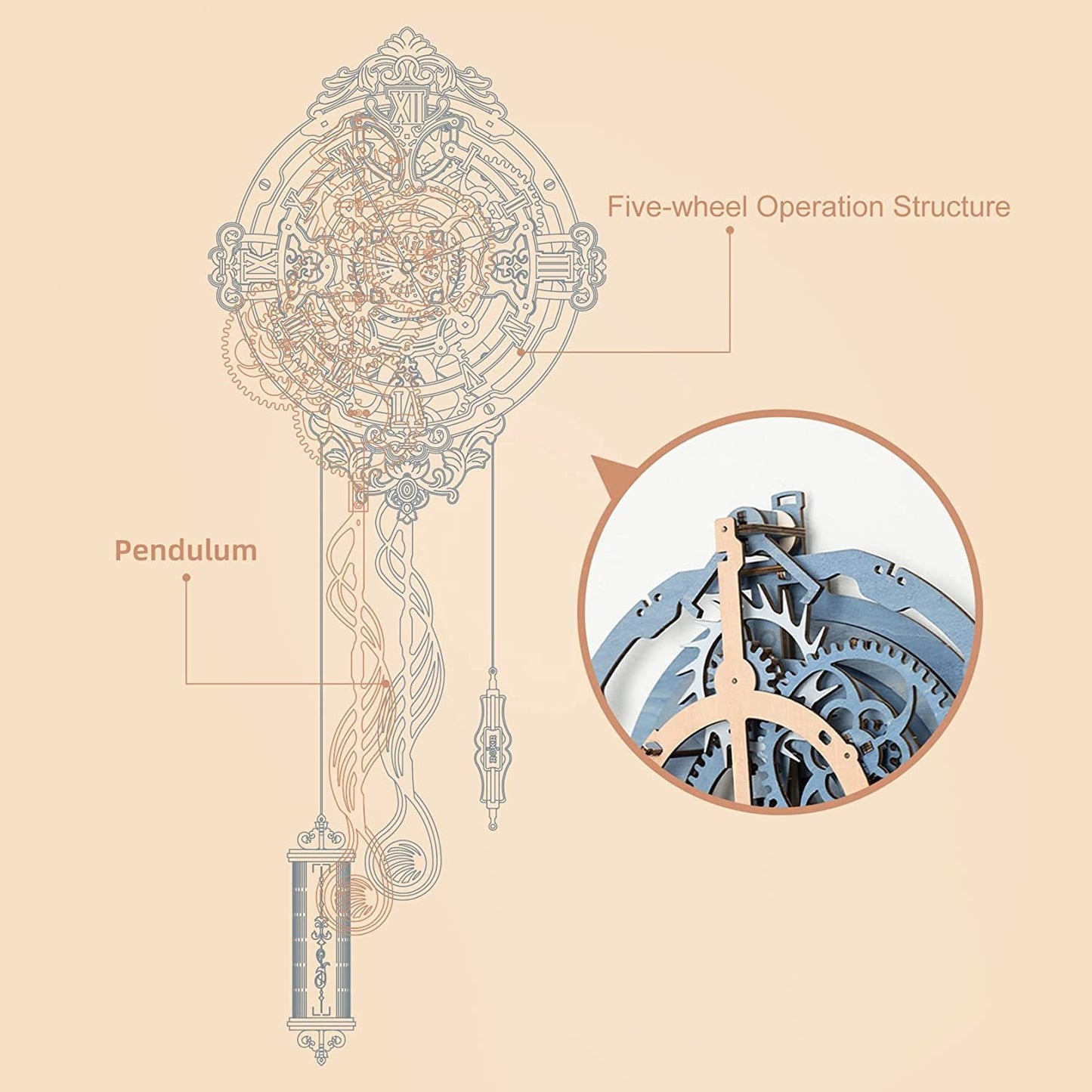 ROKR 231-Piece 3D Wooden Romantic Notes Wall Clock – Gear-Driven Time Art Model