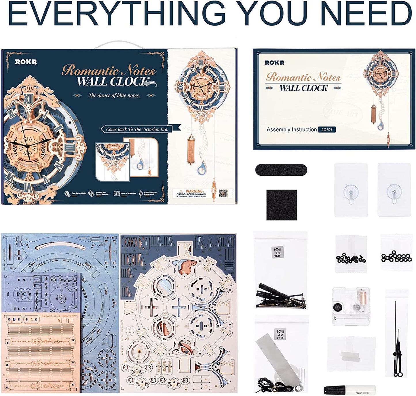 ROKR 231-Piece 3D Wooden Romantic Notes Wall Clock – Gear-Driven Time Art Model