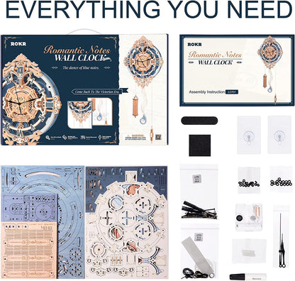 ROKR 231-Piece 3D Wooden Romantic Notes Wall Clock – Gear-Driven Time Art Model