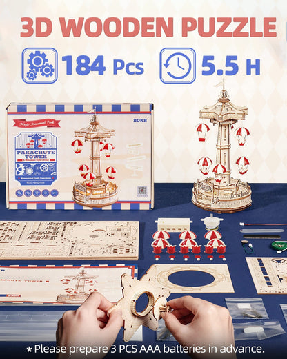 Robotime ROKR Parachute Tower 3D Wooden Music Box – DIY Mechanical Puzzle, LED Lights & Hand-Crank Amusement Ride Model