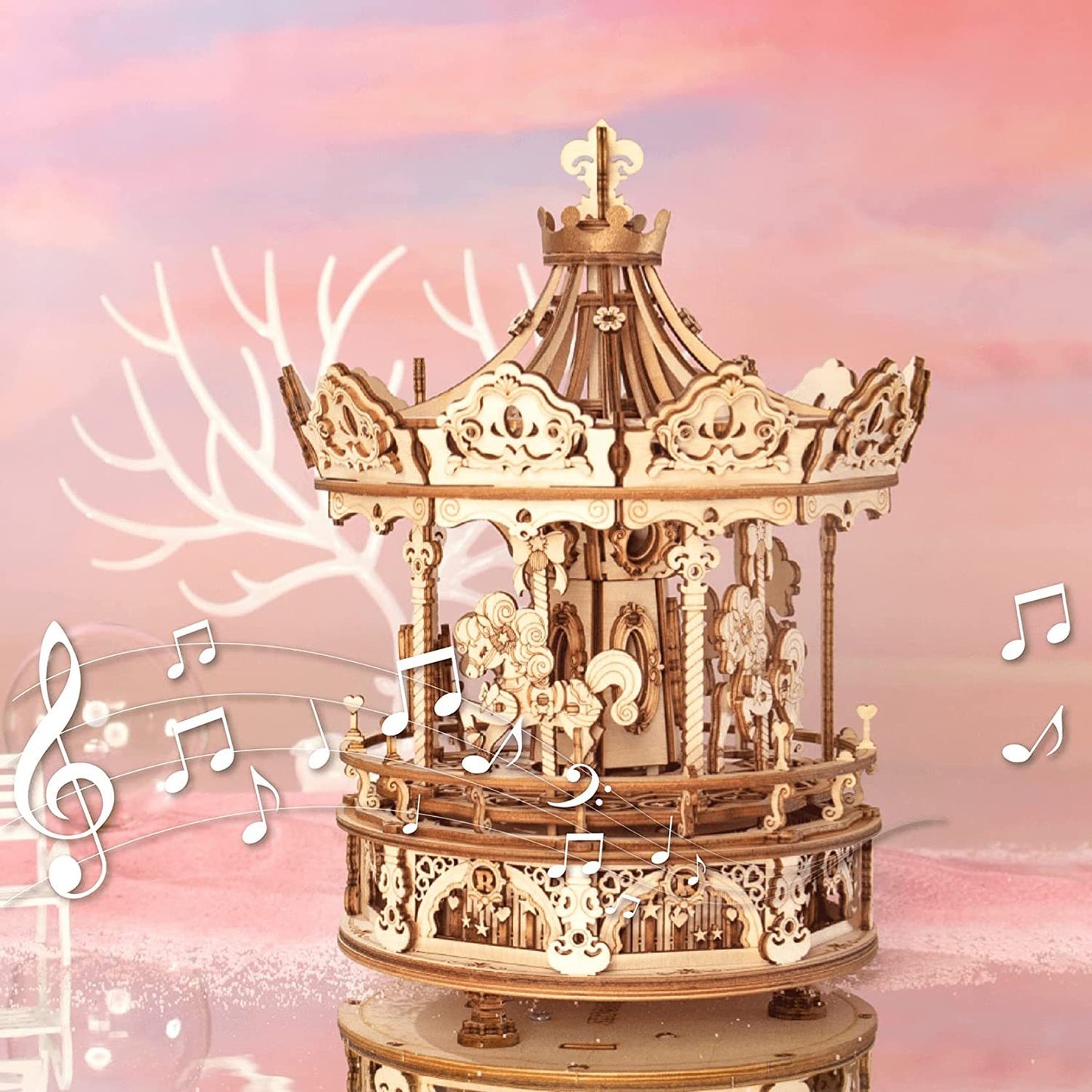 Robotime ROKR AMK62 Romantic Carousel 3D Wooden Music Box – DIY Mechanical Merry-Go-Round Model
