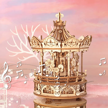 Robotime ROKR AMK62 Romantic Carousel 3D Wooden Music Box – DIY Mechanical Merry-Go-Round Model