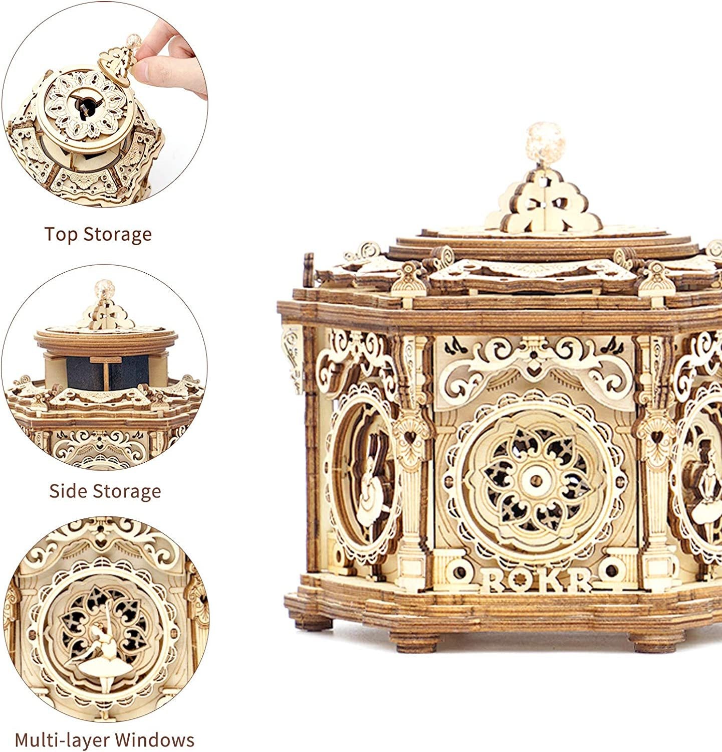 Robotime ROKR AMK52 "Secret Garden" 3D Wooden Puzzle Music Box – DIY Mechanical Ballerina Box with Secret Compartment