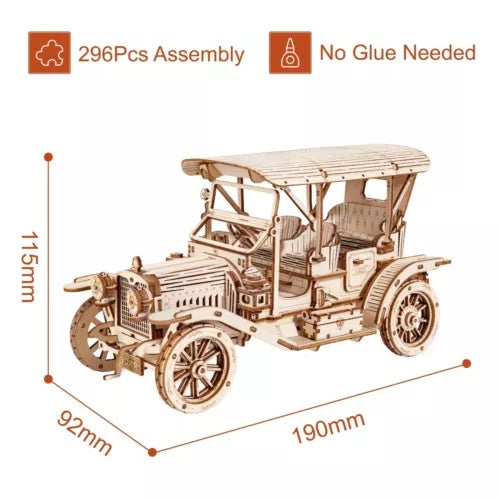 Robotime ROKR MC801 Vintage Car 3D Wooden Puzzle – 1:15 Scale DIY Model Kit, Retro Runabout Car Mechanical Craft Gift